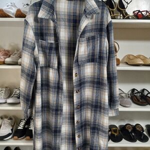 Blue and Cream Plaid Long Cardigan